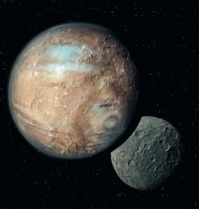 Rappresentazione artistica che mostra la proporzione tra Plutone e la sua luna Caronte. Fonte: medium.com